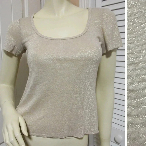 TRINA TURK Womens Gold Glitter Top T-Shirt Tee Golden Metallic Sparkle Beige M - Picture 3 of 3
